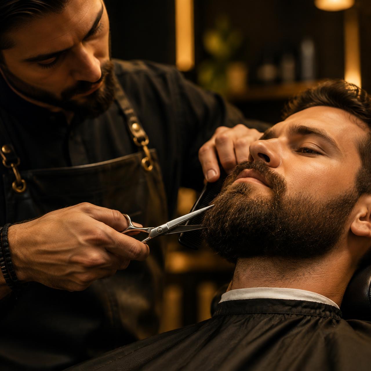 Barbeiro aparando a barba de um cliente